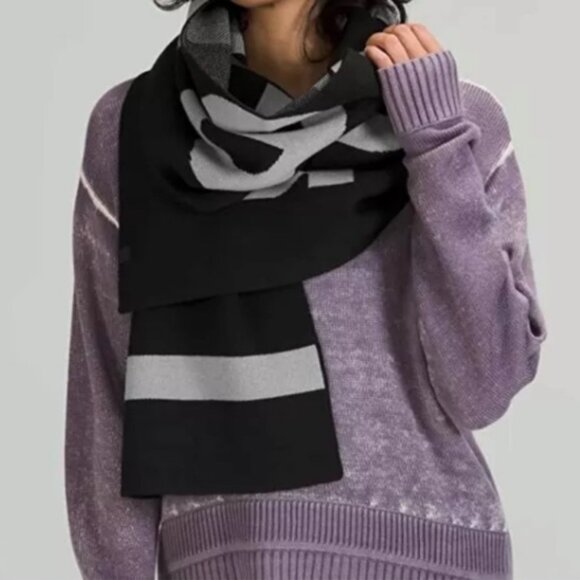 Lululemon NEW Logo Knit Merino Wool Scarf Wrap Long Cozy Warm Rare Black Gray - Picture 5 of 16